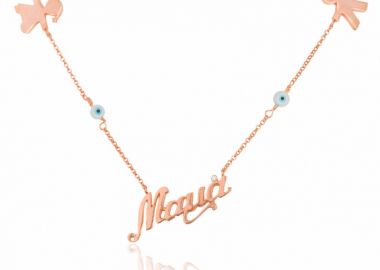 Ασημένιο κολιέ μαμά με ματάκι και ένα αγοράκι ή κοριτσάκι επιχρυσωμένο με ροζ χρυσό -  - 