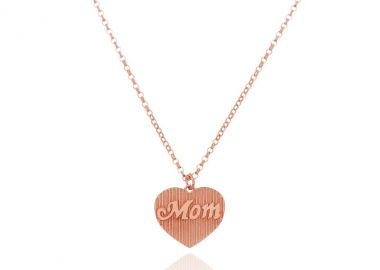 Ασημένιο κολιέ Μαμά μέσα καρδιά με λεπτομέρειες από ραβδώσεις επιχρυσωμένο με ροζ χρυσό -  - 