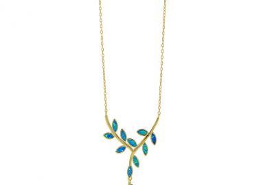 Ασημένιο κολιέ με κλαδιά ελιάς με φύλλα από μπλε οπάλ πέτρα επιχρυσωμένο -  - 