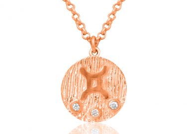 Ασημένιο κολιέ με λευκά ζιργκόν με το ζώδιο του Διδύμου επιχρυσωμένο με ροζ χρυσό -  - 