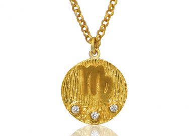 Ασημένιο κολιέ με λευκά ζιργκόν με το ζώδιο του Παρθένου επιχρυσωμένο -  - 