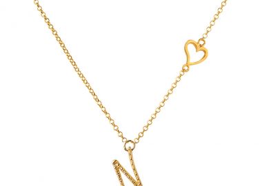 Ασημένιο κολιέ με το Γράμμα “Ν” με καρδιά επιχρυσωμένο -  - 