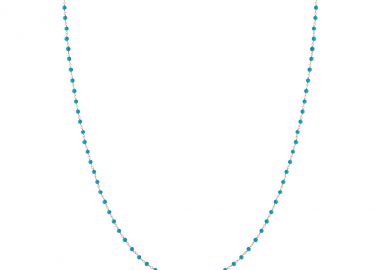 Ασημένιο μακρύ κολιέ ροζάριο με λαμπερές τυρκουάζ πέτρες επιχρυσωμένο με ροζ χρυσό -  - 