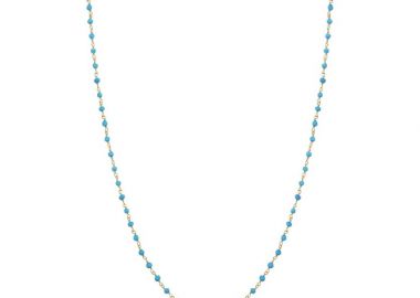 Ασημένιο μακρύ κολιέ ροζάριο με τυρκουάζ μικρές πέτρες επιχρυσωμένο -  - 