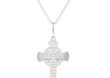 Ασημένιο μενταγιόν με σταυρό σε ιδιαίτερο σχέδιο με λευκά ζιργκόν -  - 