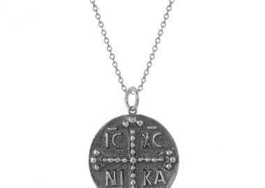 Ασημένιο οξειδωμένο μενταγιόν Κωνσταντινάτο με φλουρί μεγάλου μεγέθους με ανάγλυφα σχέδια -  - 