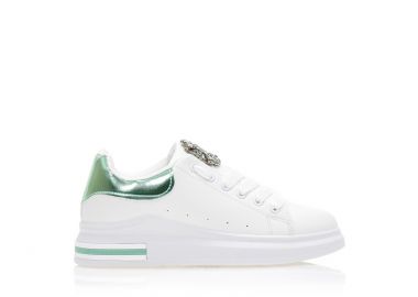 Αθλητικά λευκά δερματίνη με αγκράφα από στρας και πράσινες λεπτομέρειες ΠΡΑΣΙΝΟ - Tsoukalas - 