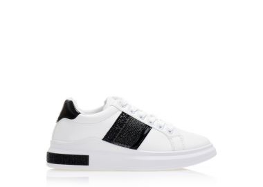 Αθλητικά λευκά δερματίνη με μαύρες λεπτομέρειες και στρας ΜΑΥΡΟ - Tsoukalas - 