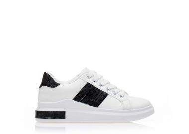 Αθλητικά λευκά δερματίνη με μαύρες λεπτομέρειες και στρας ΜΑΥΡΟ - Tsoukalas - 