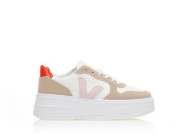 Αθλητικά λευκά και ροζ δερματίνη με πούρο και πορτοκαλί λεπτομέρειες δίπατα ΡΟΖ - Tsoukalas - 