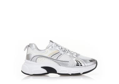 Αθλητικά λευκά υφασμάτινα με ασημί δερματίνες λεπτομέρειες και chunky σόλα ΑΣΗΜΙ - Tsoukalas - 