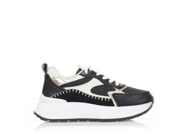 Αθλητικά μαύρα δερματίνη δίσολα με ψάθινες λεπτομέρειες ΜΑΥΡΟ - Tsoukalas - 