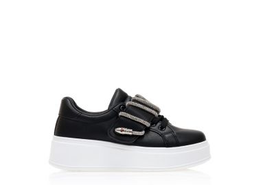 Αθλητικά μαύρα δερματίνη με σκρατς και ιδιαίτερη αγκράφα απο στρας ΜΑΥΡΟ - Tsoukalas - 