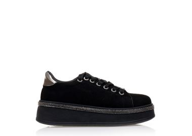 Αθλητικά μαύρα σουέτ με ασημί λεπτομέρειες και στρας ΜΑΥΡΟ - Tsoukalas - 