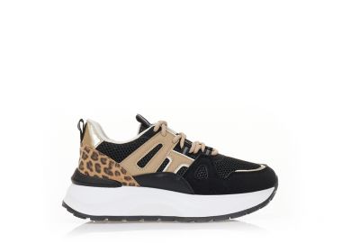 Αθλητικά μαύρα υφασμάτινα με animal print δερματίνη λεπτομέρειες και λούρεξ ΜΑΥΡΟ - Tsoukalas - 