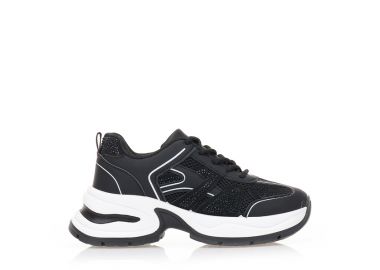 Αθλητικά μαύρα υφασμάτινα με μαύρες δερματίνη λεπτομέρειες και στρας ΜΑΥΡΟ - Tsoukalas - 