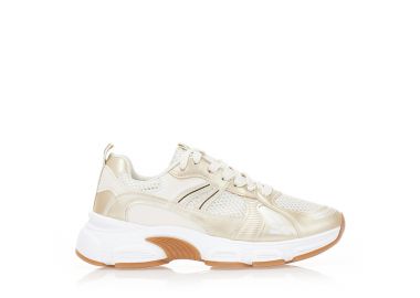 Αθλητικά μπεζ υφασμάτινα με χρυσές δερματίνες λεπτομέρειες και chunky σόλα ΜΠΕΖ - Tsoukalas - 