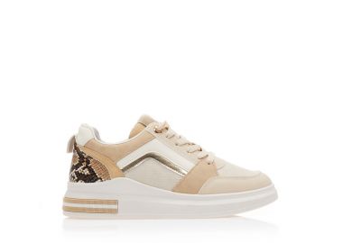 Αθλητικά μπεζ υφασμάτινα με δερματίνη animal print και μπρονζέ λεπτομέρειες ΜΠΕΖ - Tsoukalas - 