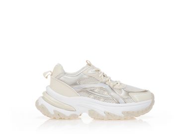 Αθλητικά μπεζ υφασμάτινα με δερματίνη λεπτομέρειες και chunky σόλα ΜΠΕΖ - Tsoukalas - 