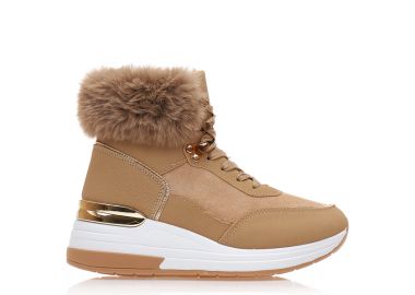 Αθλητικά μποτάκια πούρο δερματίνη και σουέτ με γούνα και χρυσές λεπτομέρειες ΠΟΥΡΟ - Tsoukalas - 