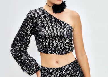 Aurora γυναικείο crop top με έναν ώμο από παγιέτες γκρι - SOU - 