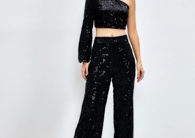 Aurora γυναικείο crop top με έναν ώμο από παγιέτες μαύρο - SOU - 