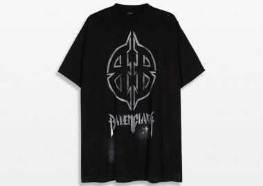 BALENCIAGA Ανδρικό Μαύρο Metal BB Stencil Cotton T-Shirt - BALENCIAGA - 