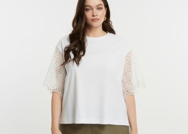 Βαμβακερό t-shirt με crochet μανίκια - MAT FASHION - 