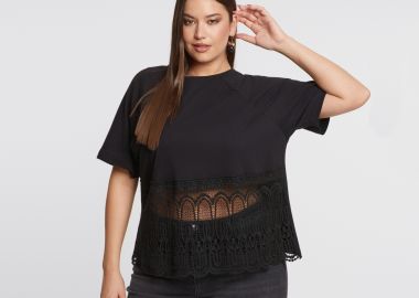 Βαμβακερό t-shirt με δαντέλα στο τελείωμα - MAT FASHION - 