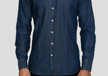 BASTONCINO Ανδρικό Μπλε Blue Slim-Fit Box Check Shirt - BASTONCINO - 