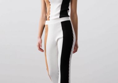 BCBGMAXAZRIA γυναικείο πλεκτό παντελόνι με διάτρητο γεωμετρικό σχέδιο και color block - 23SKP162KN14 Μπεζ - BCBGMAXAZRIA - 