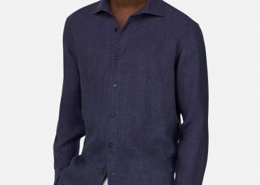 Boggi Milano ανδρικό λινό πουκάμισο μονόχρωμο Regular Fit - BO26P020308 Μπλε Navy - BOGGI MILANO - 