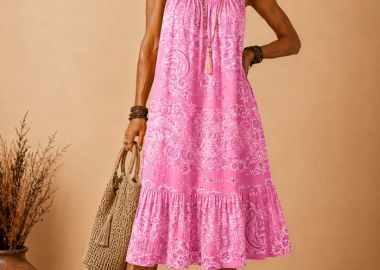 bohemian cotton γκοφρέ φόρεμα Bandana bubblegum ροζ - PerfectDress.gr - 