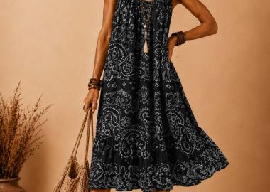 bohemian cotton γκοφρέ φόρεμα Bandana μαύρο - PerfectDress.gr - 
