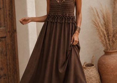 bohemian maxi crochet φόρεμα Αtlantis καφέ - PerfectDress.gr - 