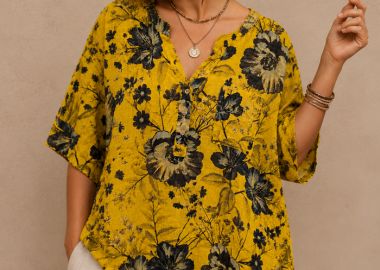 bohemian plus size floral μπλούζα Tonca κίτρινο - PerfectDress.gr - 
