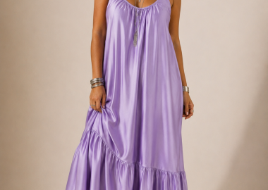 boho chic σατέν maxi φόρεμα με βολάν Luna λιλά - PerfectDress.gr - 