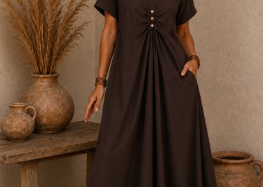 boho loose maxi φόρεμα Pebbles καφέ - PerfectDress.gr - 