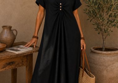 boho loose maxi φόρεμα Pebbles μαύρο - PerfectDress.gr - 