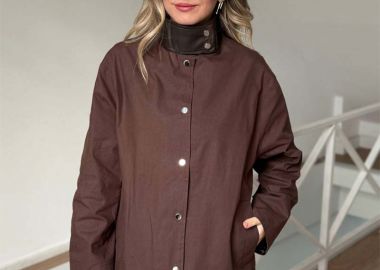 BOIKA γυναικείo τζάκετ υφασμάτινη καφέ μακρύ με κουμπιά - SOU - 