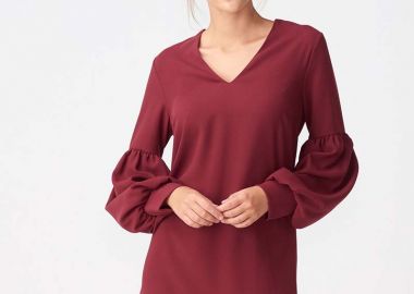 Bordeux γυναικείο φόρεμα με φουσκωτά μανίκια - SOU - 