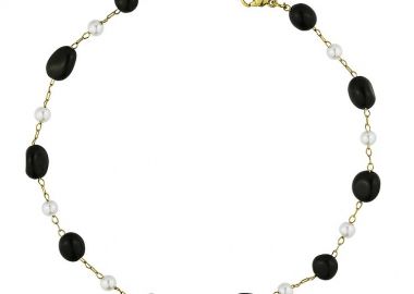 Βραχιόλι Από Ανοξείδωτο Ατσάλι Επιχρυσωμένο Με Ημιπολύτιμο Λίθο Μαύρο Αχατη Και Μαργαριτάρια AA29132 14cm - AMOR AMOR - 