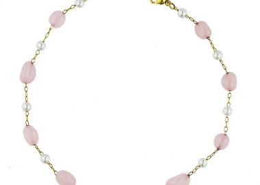 Βραχιόλι Από Ανοξείδωτο Ατσάλι Επιχρυσωμένο Με Ημιπολύτιμο Λίθο Ροζ Quartz Και Μαργαριτάρια AA29131 20cm - AMOR AMOR - 