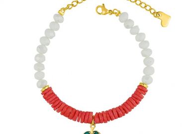 Βραχιόλι Από Ανοξείδωτο Ατσάλι Επιχρυσωμένο Με Κρύσταλλα, Κοχύλια Και Kεράσια AA29446 - AMOR AMOR - 