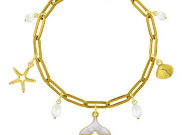 Βραχιόλι Από Ατσάλι Επιχρυσωμένο Με Αστερία, Ουρά Φάλαινας Και Κοχύλι AA29725 19 cm - AMOR AMOR - 