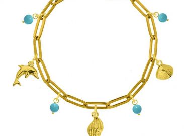 Βραχιόλι Από Ατσάλι Επιχρυσωμένο Με Δελφίνι Και Κοχύλια AA29732 19 cm - AMOR AMOR - 