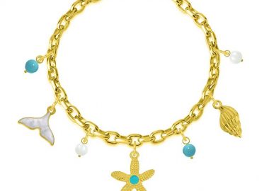 Βραχιόλι Από Ατσάλι Επιχρυσωμένο Με Κοχύλι, Αστερία Και Ουρά Φάλαινας AA29708 19 cm - AMOR AMOR - 