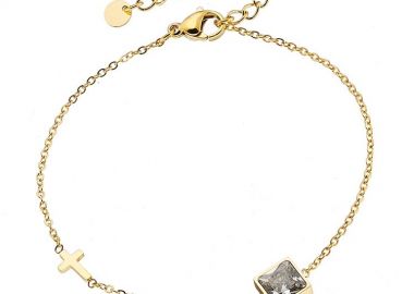 Βραχιόλι Από Ατσάλι Επιχρυσωμένο Με Ζιργκόν Και Σταυρό AS25833 - AMOR AMOR - 