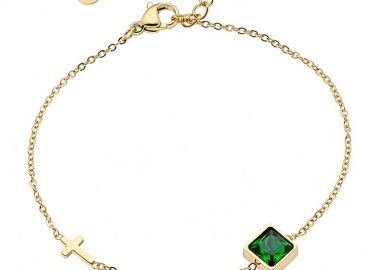 Βραχιόλι Από Ατσάλι Επιχρυσωμένο Με Ζιργκόν Πράσινο Και Σταυρό AS25835 - AMOR AMOR - 