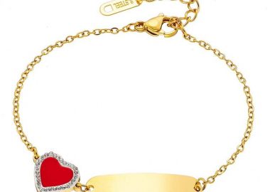 Βραχιόλι Από Ατσάλι Επιχρυσωμένο Ταυτότητα Με Κόκκινη Καρδιά AS25980 - AMOR AMOR - 
